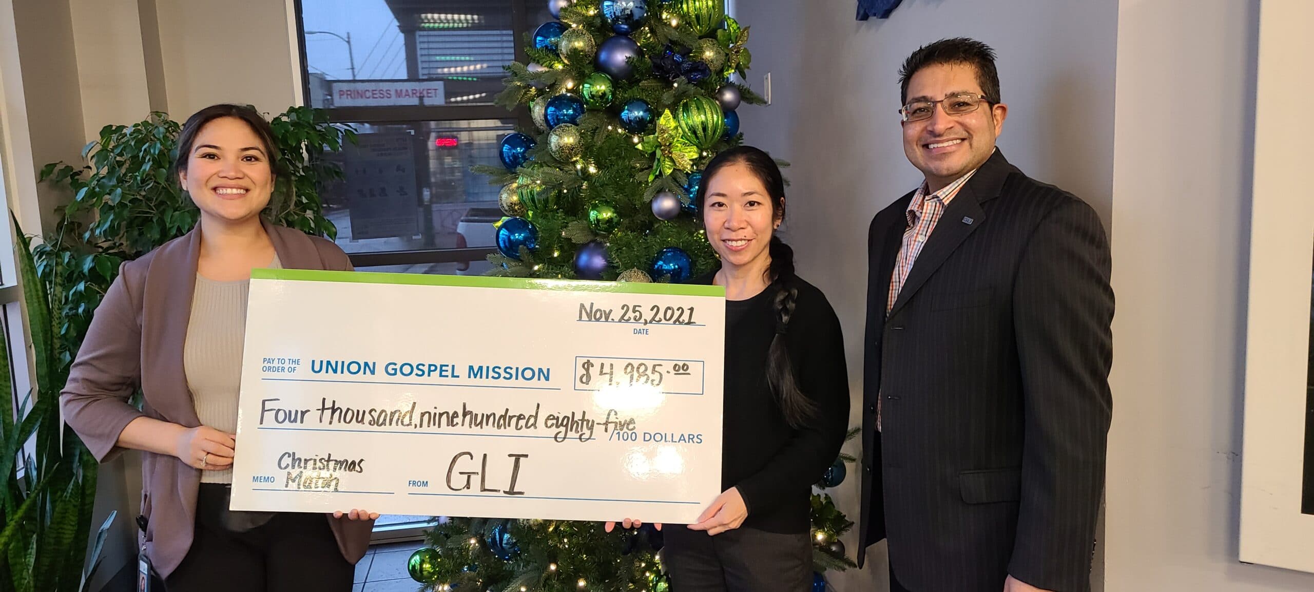  GLI Charitable Donation cheque to Union Gospel Mission BC, Canada