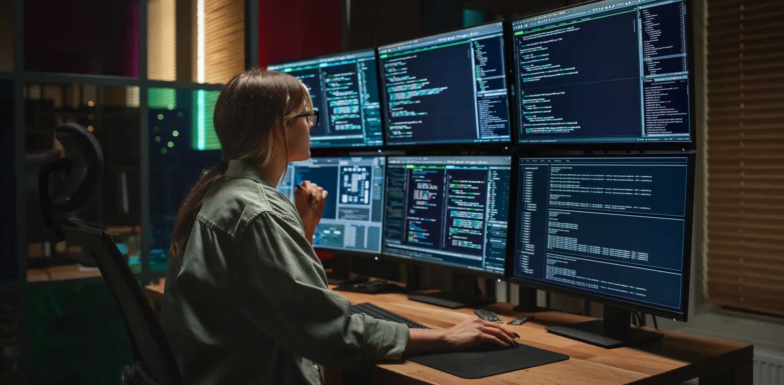 Female cybersecurity specialist analyzing code and network activity across multiple monitors in a control room