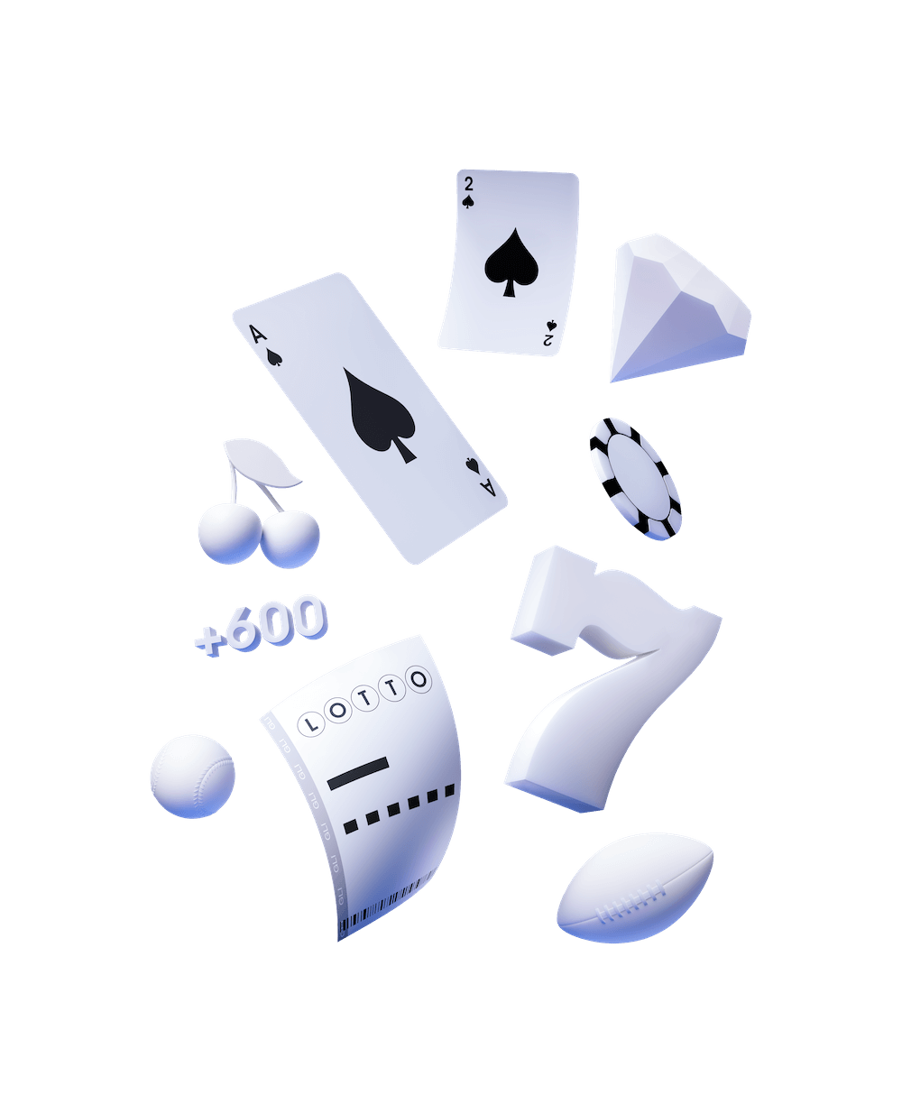 Digital gaming-themed graphics including poker cards, slot machine motifs, and lotto tickets.