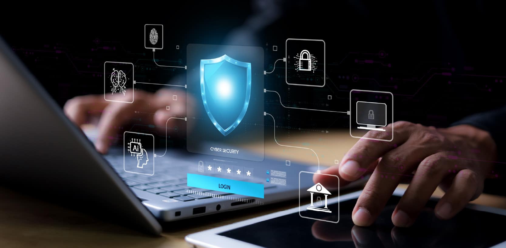 Business professional using laptop and tablet with a holographic cybersecurity shield.