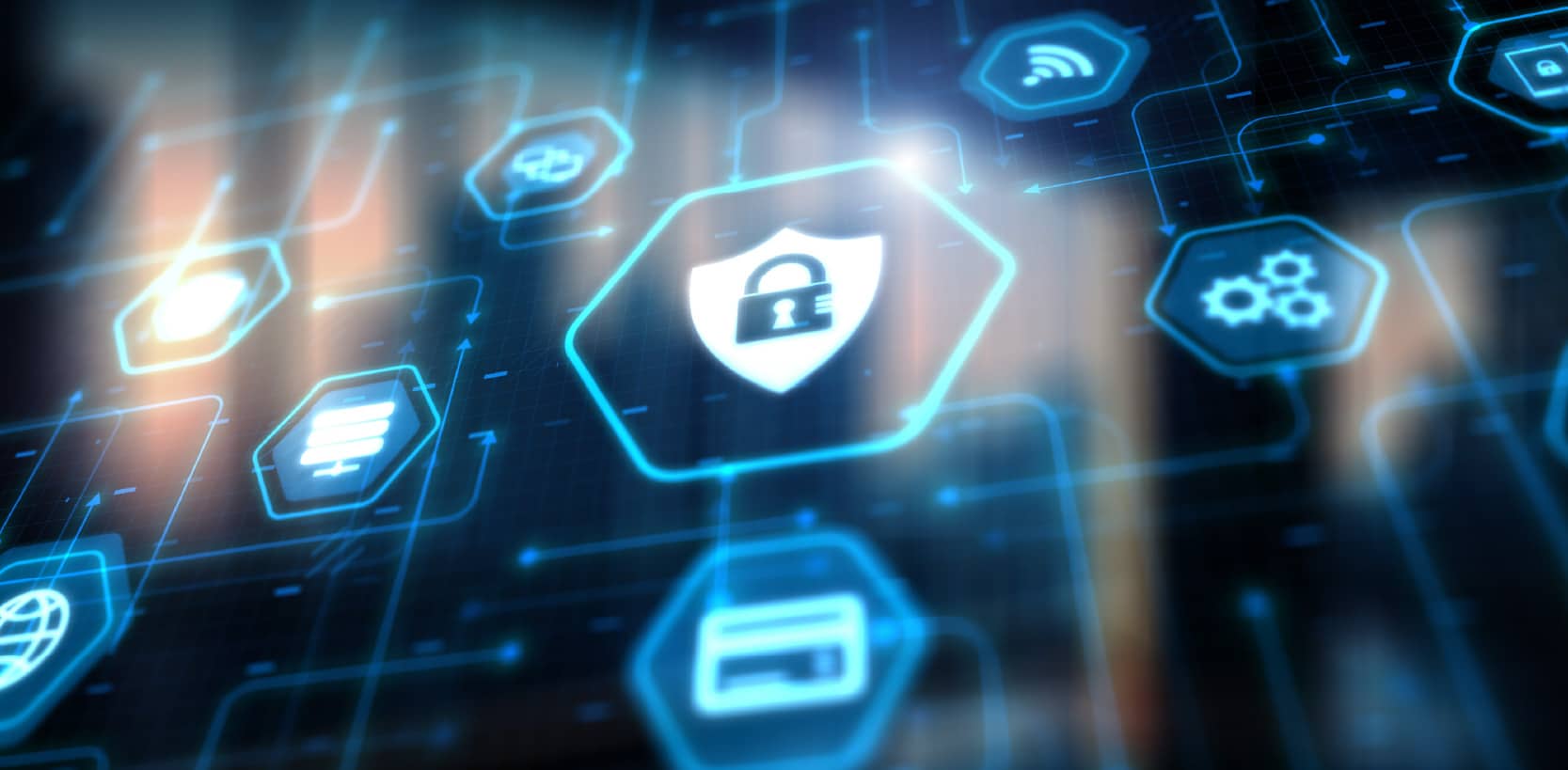 Abstract digital background with blue padlock and cybersecurity icons.