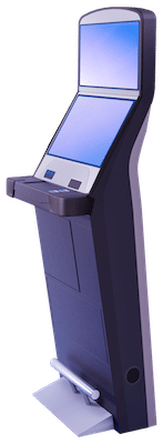 A computer displaying a blue screen, positioned on a flat surface