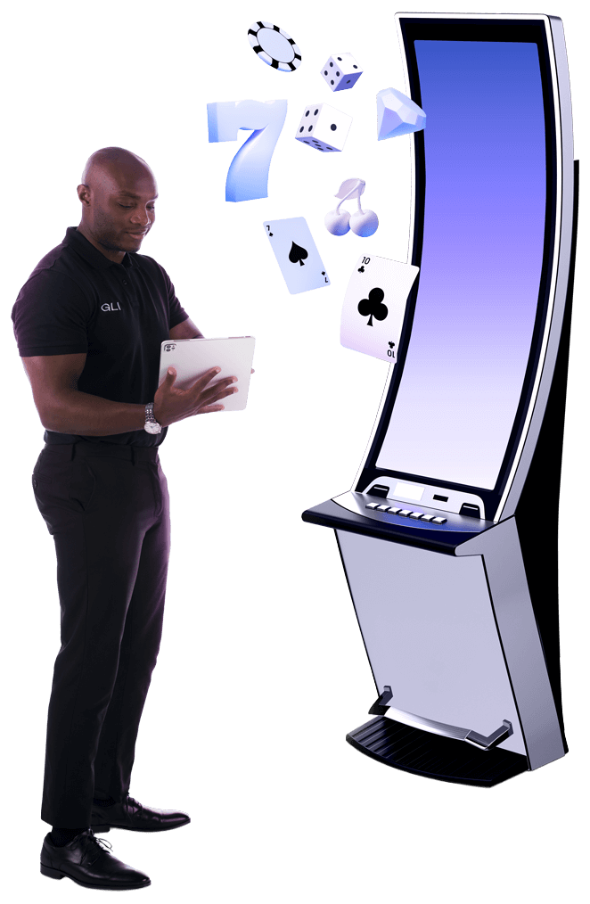 A man stands beside a casino slot machine, smiling as he prepares to play.