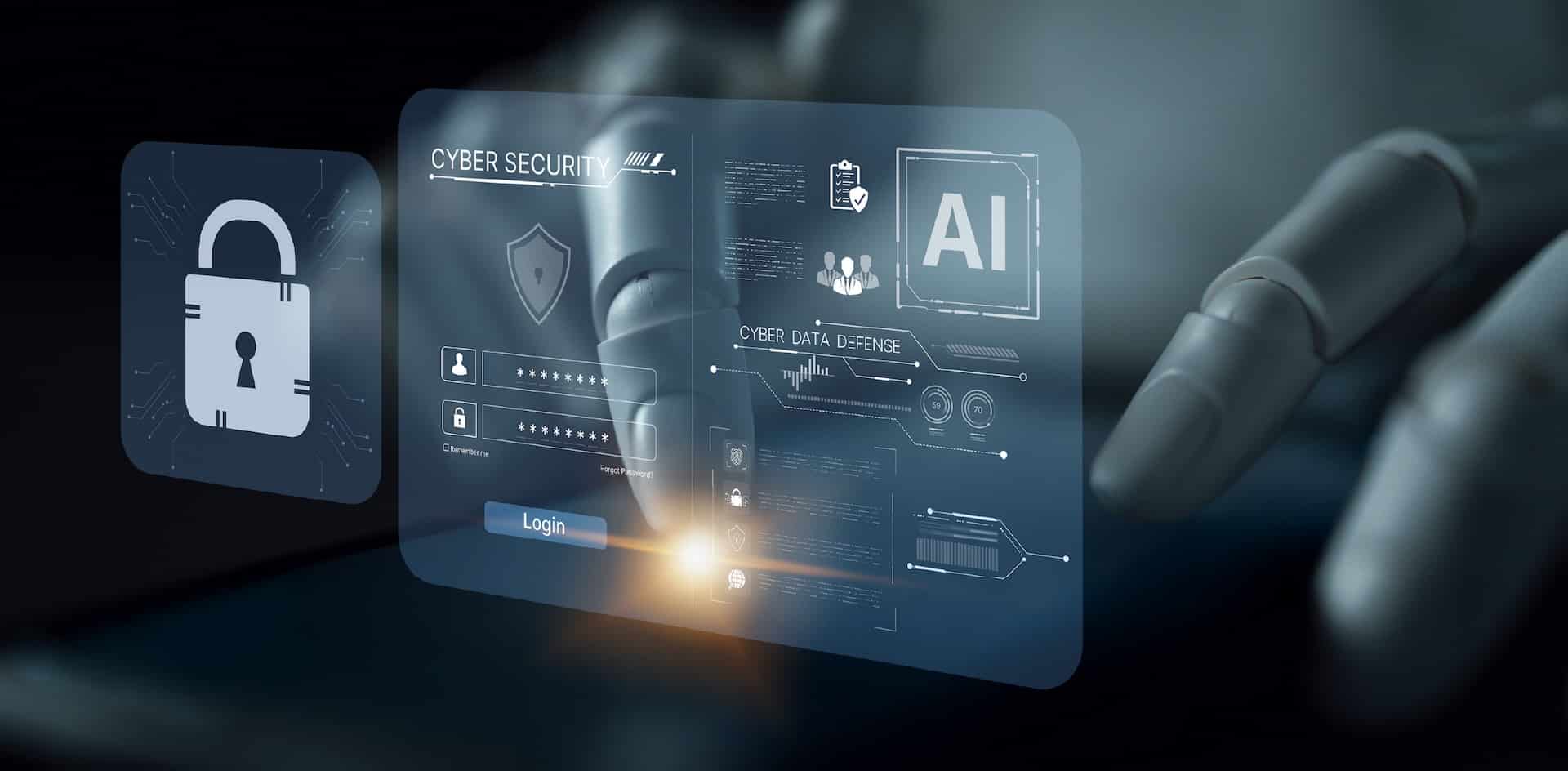 Robotic hand selecting highlighted red digital lock in cybersecurity interface.