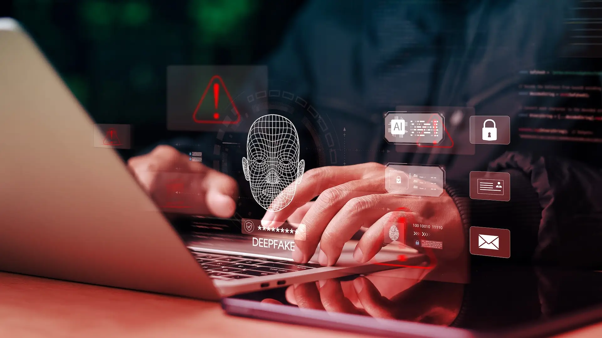 Cybersecurity and AI risk visualization showing a laptop user with deepfake detection, data security alerts, identity verification, and digital threat indicators.
