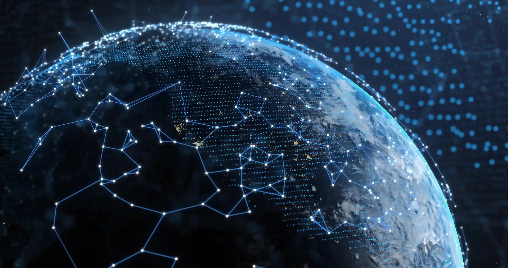 Digital globe with interconnected network nodes and data connections representing global technology, cybersecurity, and digital communications.